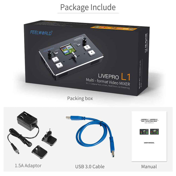 FEELWORLD LIVEPRO L1 V1 Video-Mixer-Umschalter mit mehreren Kameras LCD-Bildschirm 4 HDMI-Eingang USB3.0 Live-Stream