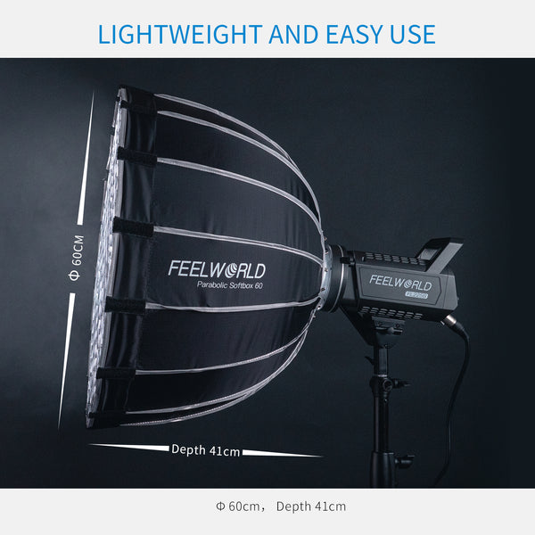 FEELWORLD FSP60 Преносим дълбок параболичен софтбокс, 60 см 23.6 инча за монтиране на Bowens Video Studio Light