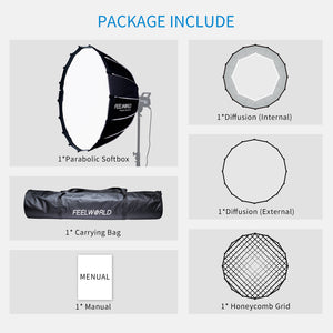 FEELWORLD FSP90 Softbox portabil parabolic profund, 90 cm 35.4 inchi pentru lumina de studio video cu montare Bowens