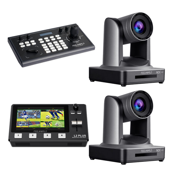 Controlador FEELWORLD KBC10 PTZ e comutador de vídeo L2 Plus e conjunto de 2 câmeras PTZ NDI20X