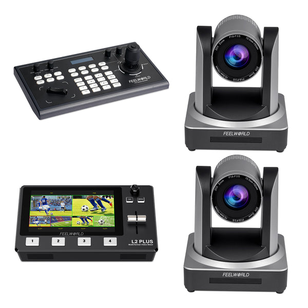 FEELWORLD KBC10 PTZ-controller en L2 Plus-videoschakelaar en 2 POE20X PTZ-camerabundelset