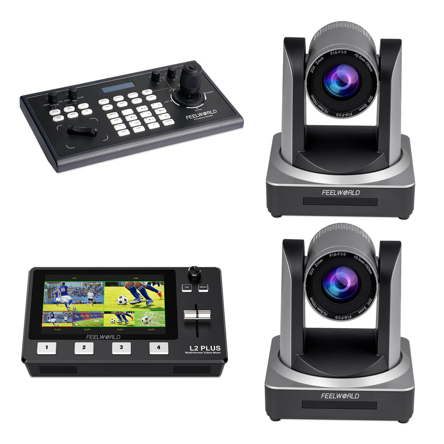 FEELWORLD KBC10 PTZ Controller and L2 Plus Video Switcher and 2 POE20X PTZ Camera Bundle Set