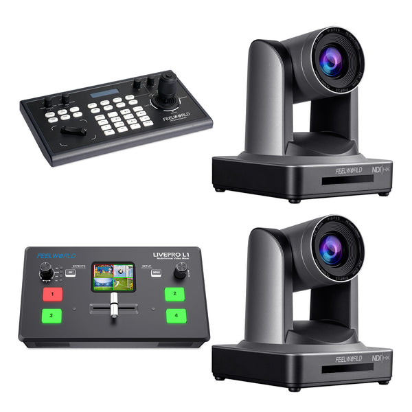 Controlador FEELWORLD KBC10 PTZ e comutador de vídeo Livepro L1 V1 e conjunto de 2 câmeras PTZ NDI20X