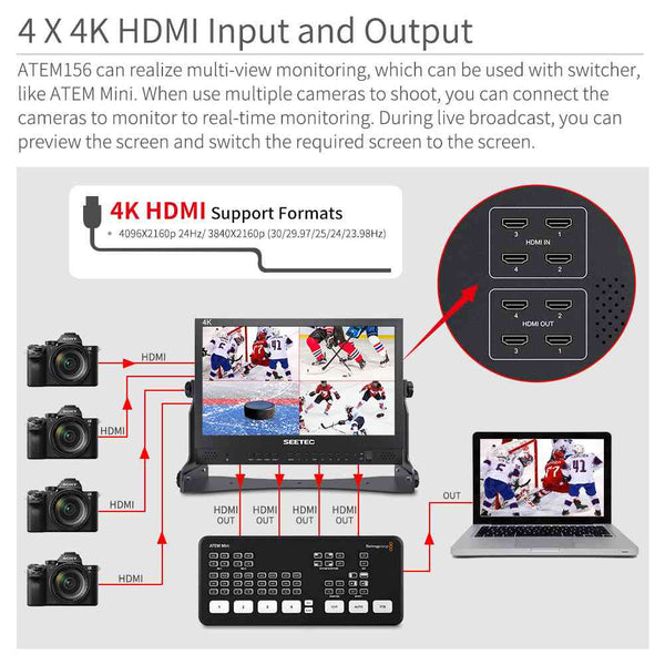 SEETEC ATEM156 15.6 Inch Live Streaming Broadcast Monitor dengan 4 Input Output HDMI