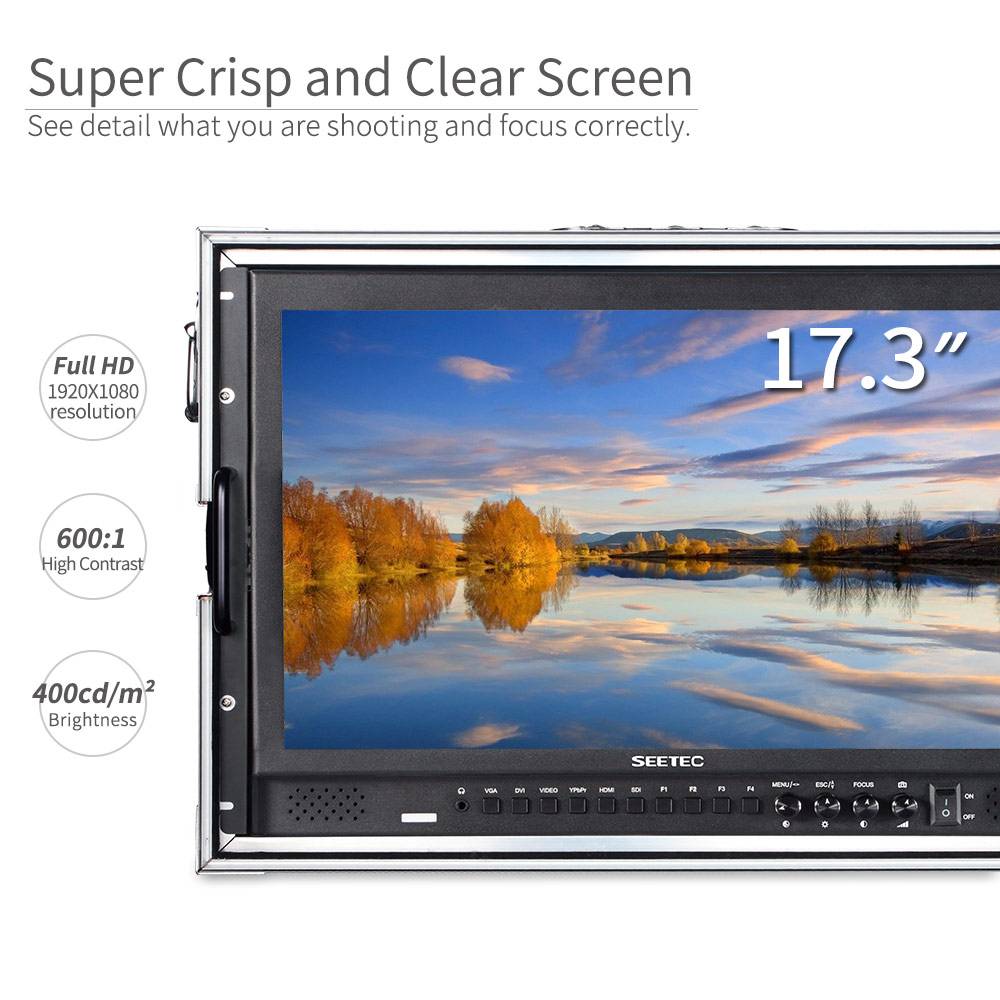 Seetec P173-9HSD 17,3″ 4K Broadcast Monitor – 1920×1080 IPS, 600:1 Contrast, 3G-SDI, HDMI, DVI, YPbPr, Quad-view, Aluminium Behuizing, Incl. Zonnekap
