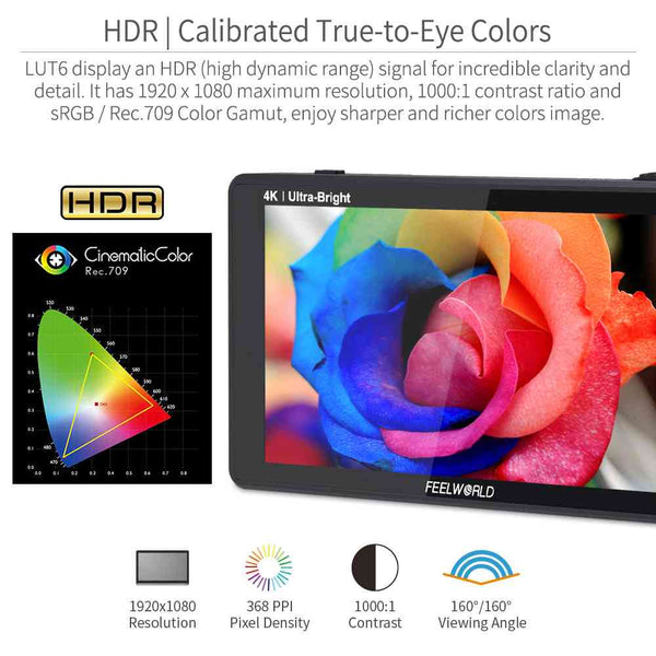 FEELWORLD LUT6 6 "2600nits HDR / 3D LUT Touchscreen DSLR Camera Field Monitor dengan Waveform 4K HDMI