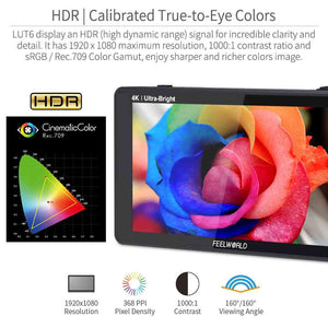 FEELWORLD LUT6 6 "2600nits HDR / 3D LUT Touchscreen กล้อง DSLR Field Monitor พร้อมรูปคลื่น 4K HDMI