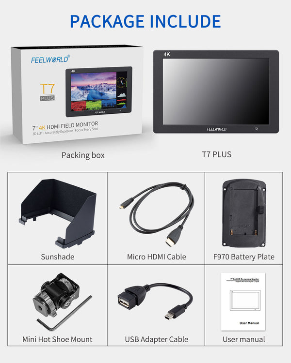 FEELWORLD T7 PLUS 7 Zoll 3D LUT DSLR Kamera Field Monitor mit Waveform 4K HDMI Aluminiumgehäuse