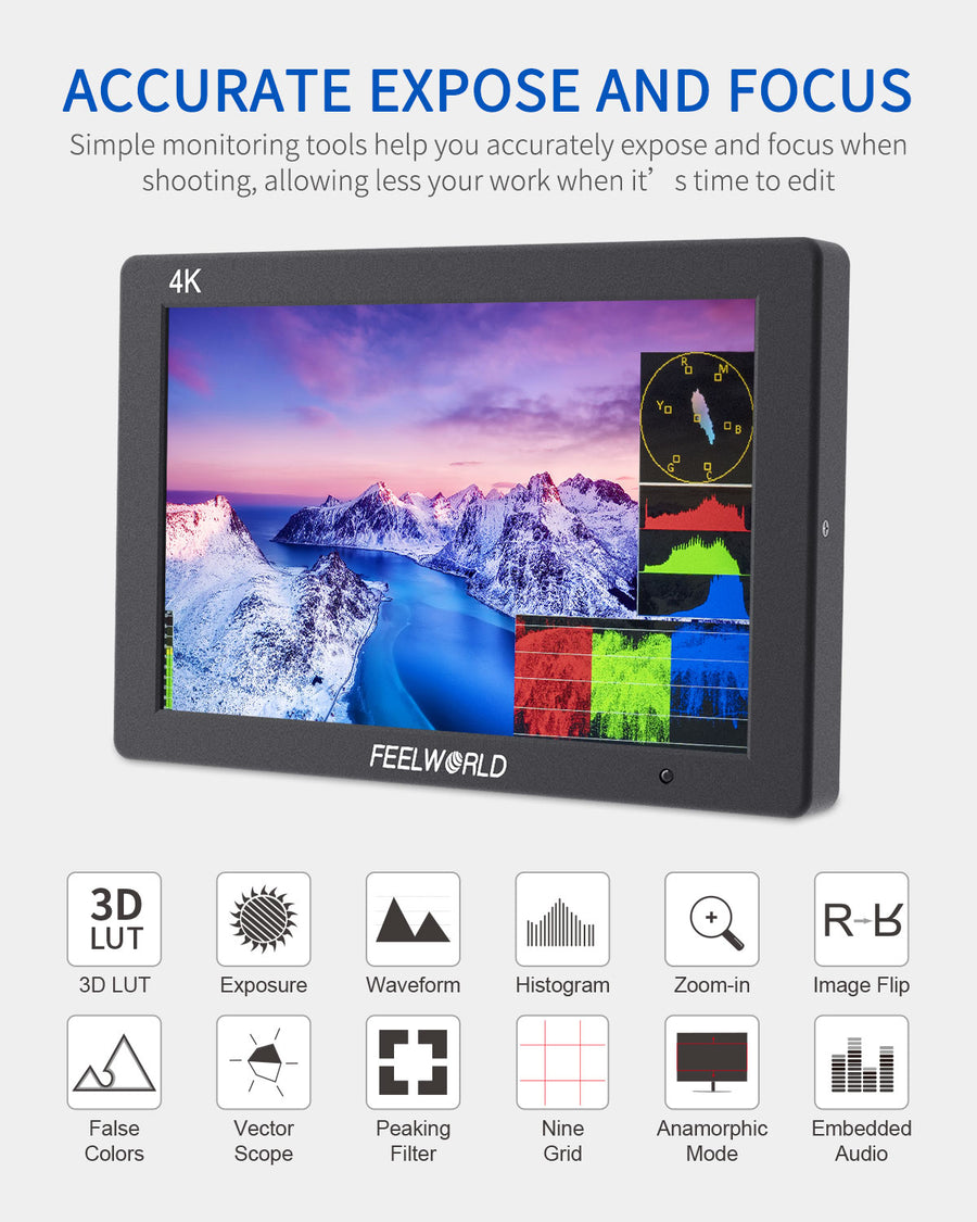 FEELWORLD T7 PLUS 7 Inch 3D LUT DSLR Camera Field Monitor with Waveform 4K HDMI Aluminum Housing