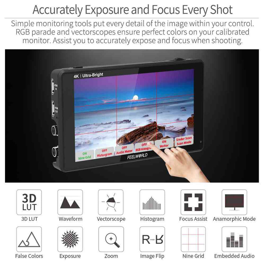 FEELWORLD LUT6S 6 Inch 2600nits HDR/3D LUT Touch Screen DSLR Camera Field Monitor 3G-SDI 4K HDMI